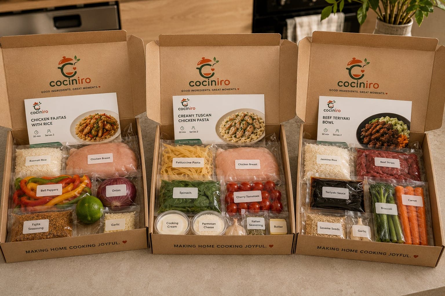 Three open Cociniro meal kit boxes on a kitchen counter, each with labelled pre-portioned ingredients and a recipe card