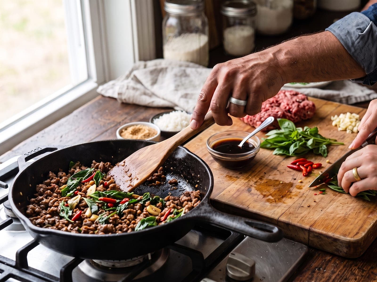 Two people preparing ingredients together in their kitchen