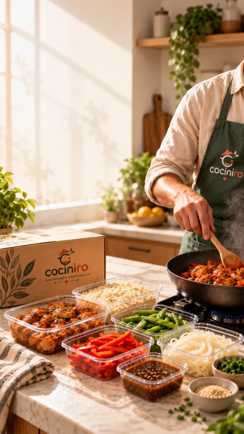 Pre-portioned Cociniro ingredients in containers next to a pan of food cooking on the stove